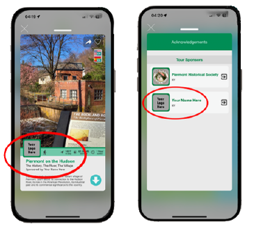 Two mobile phones showing tour preview and sponsor screens